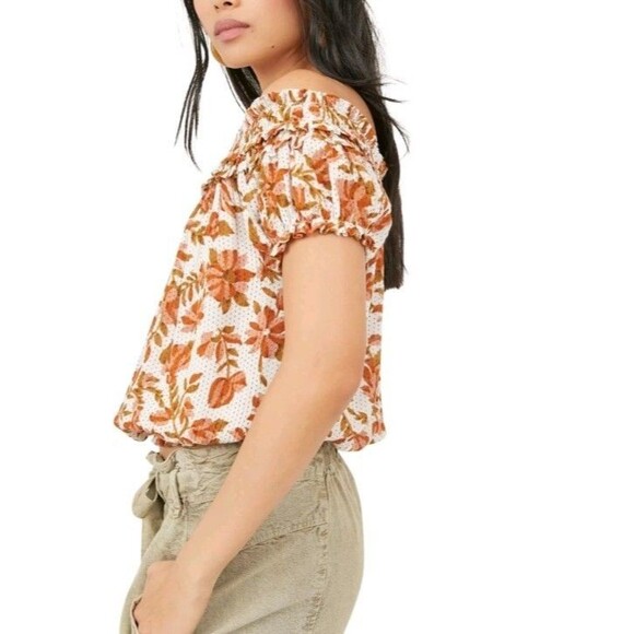 Free People FP One Suki Blouse Sz L Off Shoulder Two Way Top Orange Floral Print - Picture 8 of 11